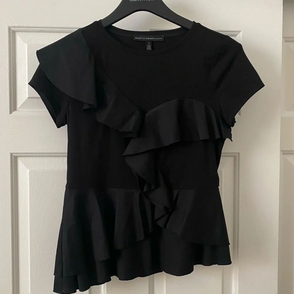 White House Black Market Black Ruffle Top NWOT - Picture 2 of 4